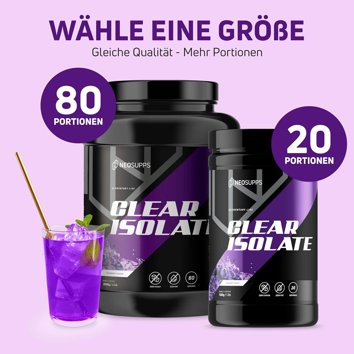 Neosupps Clear Whey Isolat Protein Pulver, 2000g, Blueberry, Eiweißpulver