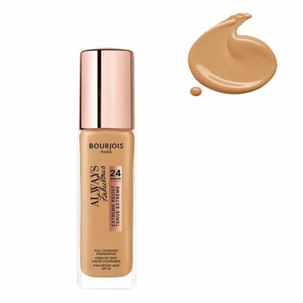 Bourjois Always Fabulous Foundation. Flasche mit Farbklecks. Text: 24H, SPF 20.