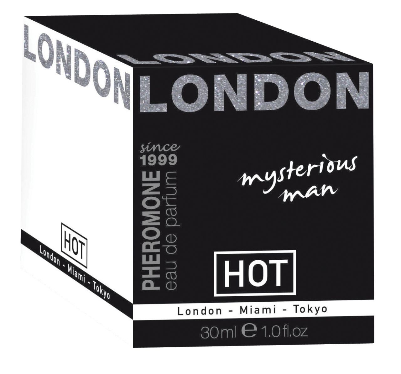 Schwarze Verpackung mit Text LONDON, PHEROMONE Eau de Parfum, mysterious man, HOT, 30ml. Seit 1999.