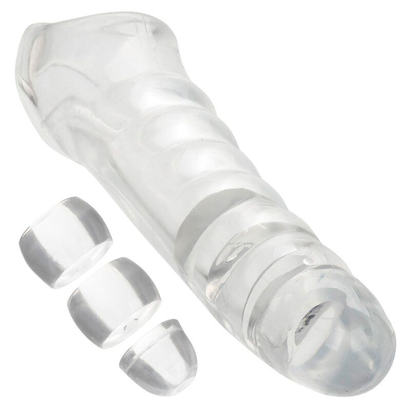 Transparente Penisverlängerung mit geriffelter Oberfläche und Ring. Enthält drei Manschetten. Aus transparentem Material.