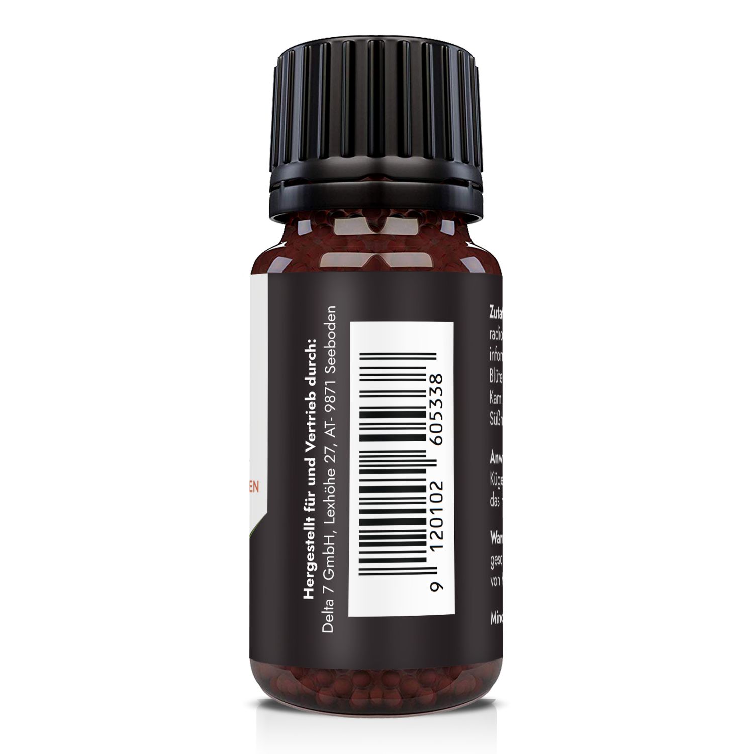 Braune Glasflasche mit schwarzem Deckel. Rückseite mit Text: Hersteller, Barcode, Adresse. Etikett.