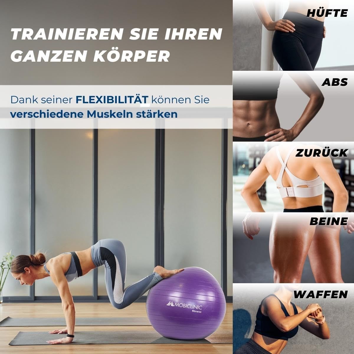 Frau trainiert mit lila Gymnastikball, der verschiedene Körperpartien anspricht.