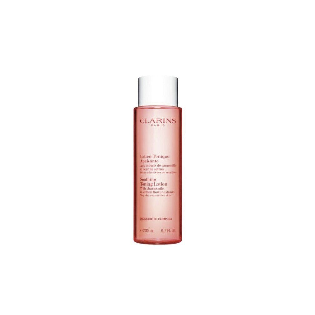 Rosa Flasche mit weißem Deckel. Beschriftung: Clarins Paris, Lotion Tonique Apaisante, 200 ml, 6.7 Fl Oz.