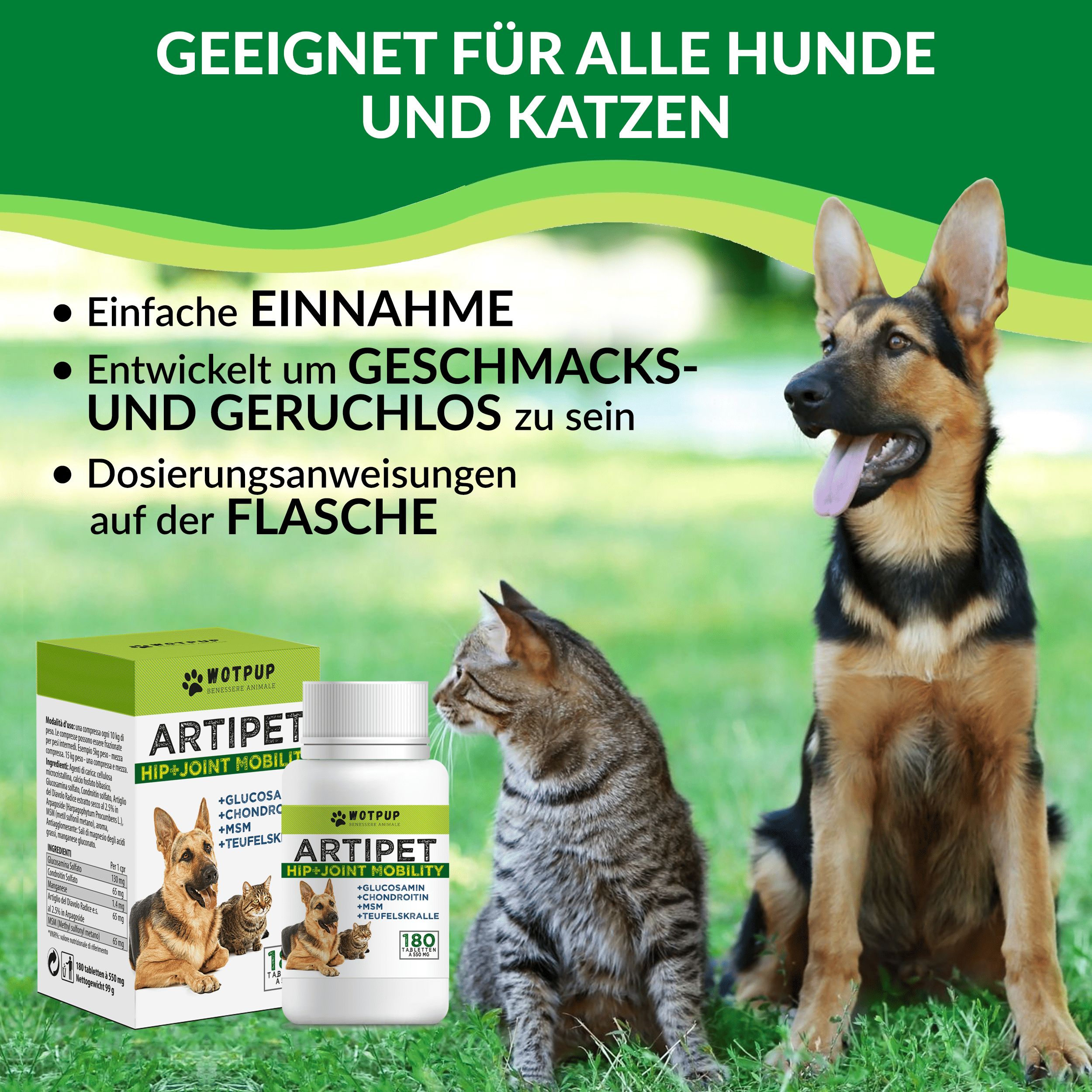 Hund und Katze sitzen nebeneinander. Produkt-Set mit Flasche und Box. Aufschrift: Artipet. Text: Geeignet für alle Hunde und Katzen.