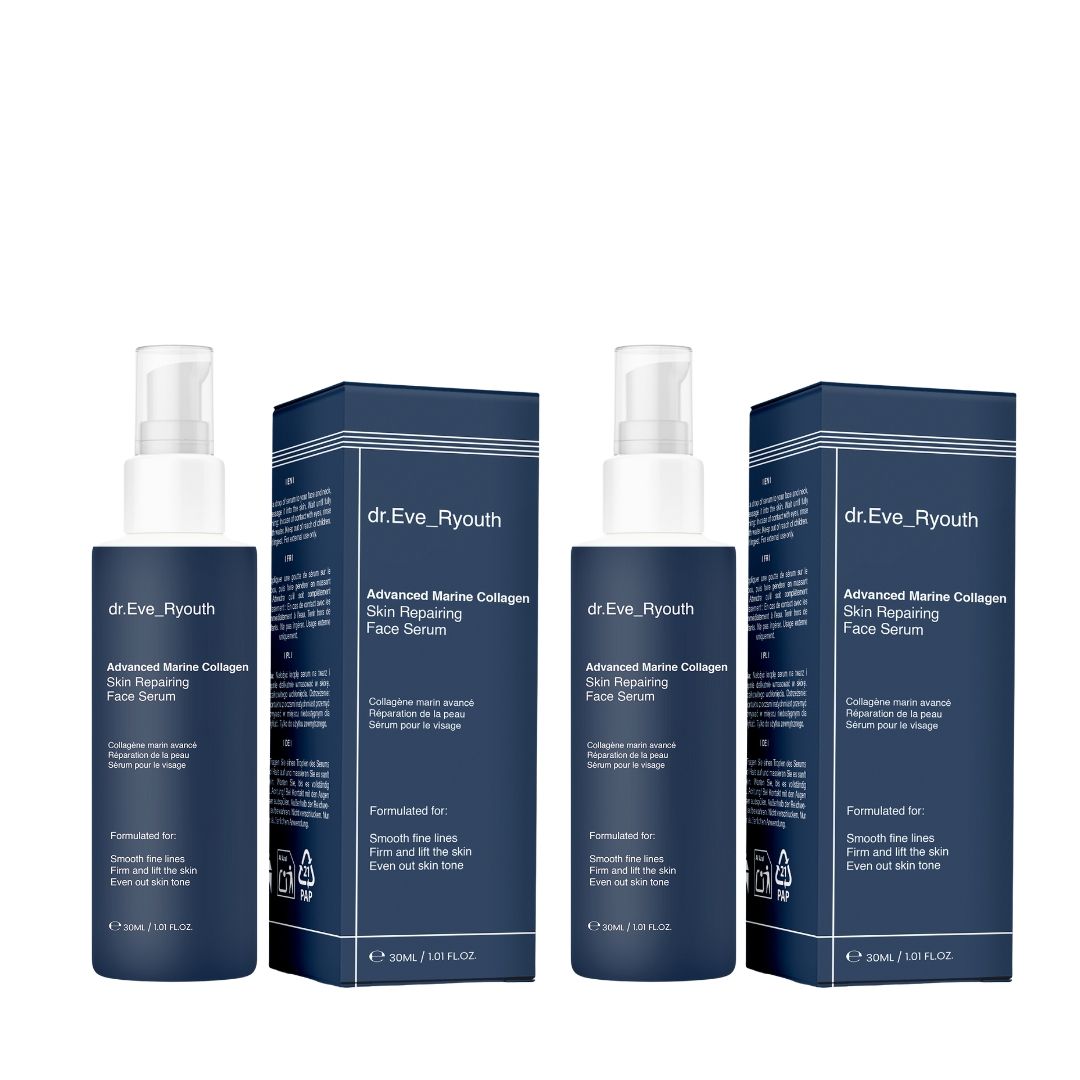 Zwei Flaschen Serum und zwei Schachteln. Aufschrift: dr.Eve_Ryouth, Advanced Marine Collagen Skin Repairing Face Serum. Blaue Verpackung.