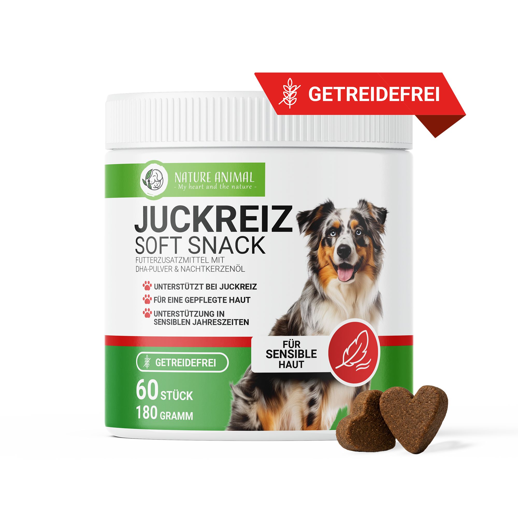 Dose 'Juckreiz Soft Snack' mit Hund, 60 Stück, 180 Gramm, getreidefrei.