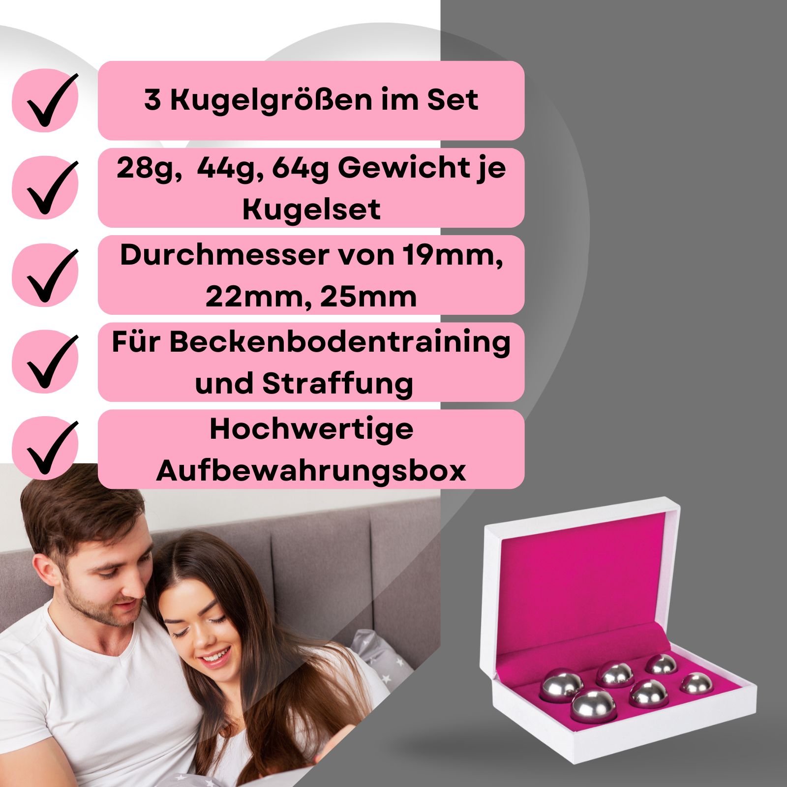 Produktabbildung mit Text: 3 Kugelgrößen im Set, Gewichte, Durchmesser, Beckenbodentraining, hochwertige Aufbewahrungsbox.