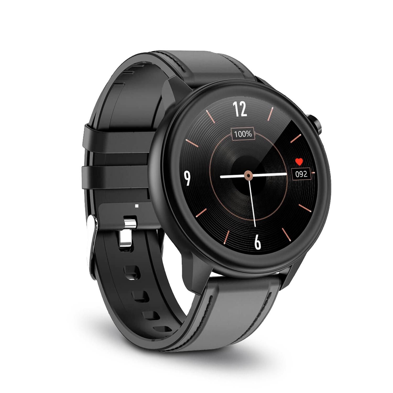 Schwarze Smartwatch mit grauem Lederarmband. Rundes Display mit Uhrzeit und Gesundheitsdaten. Schwarzes Gehäuse.