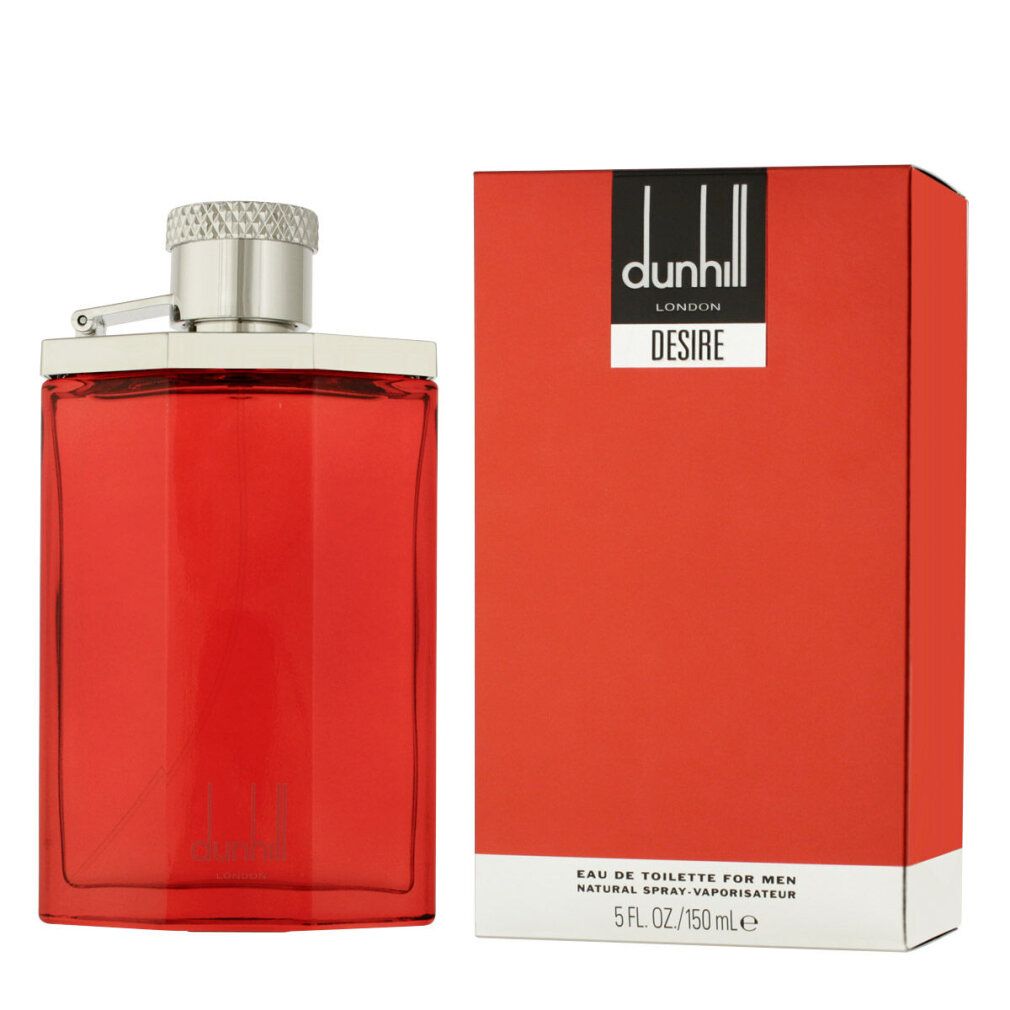 Rotes Eau de Toilette-Spray neben roter Verpackung. Auf der Verpackung steht "dunhill LONDON DESIRE". Flasche und Verpackung sind rechteckig.