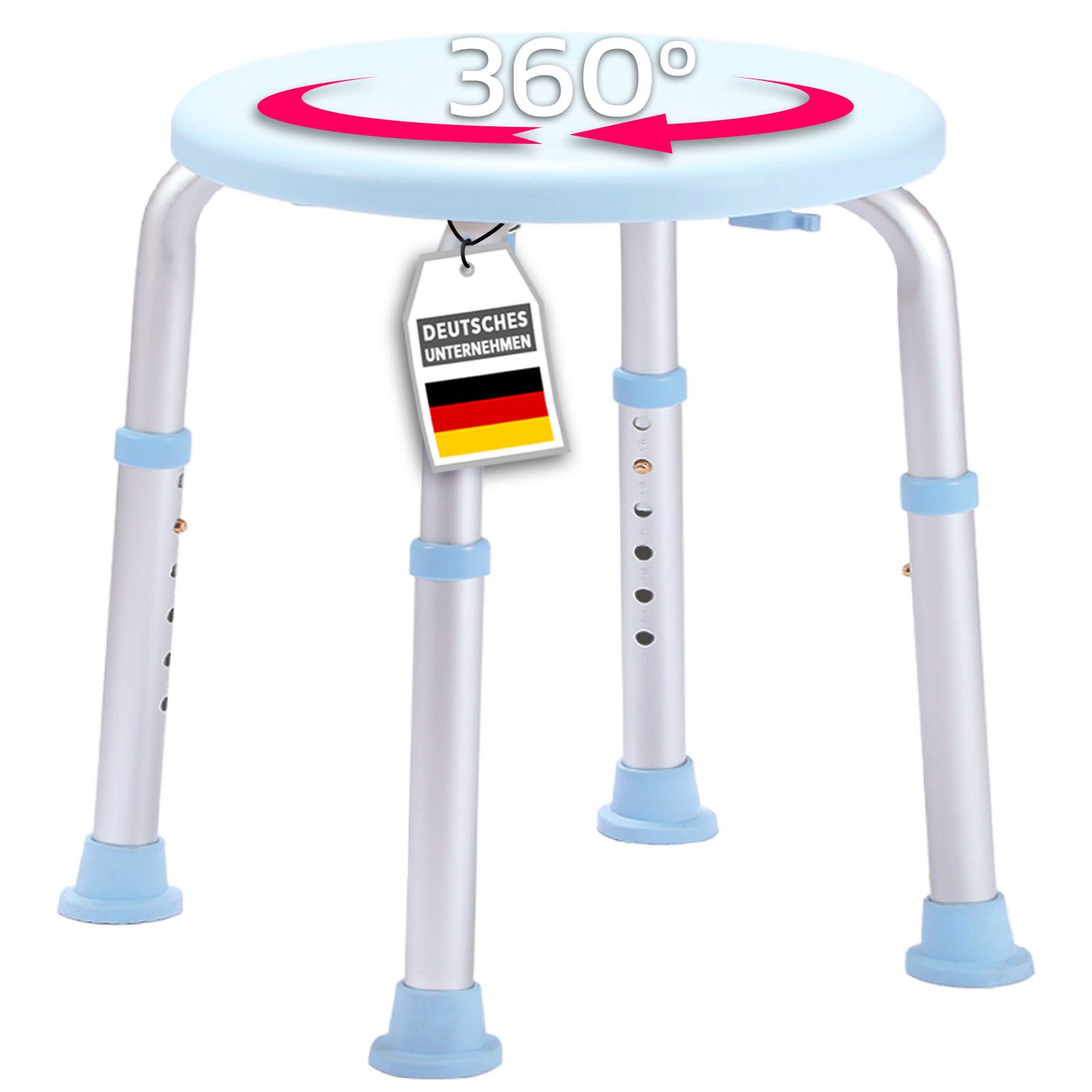 Duschhocker mit drehbarem Sitz. Deutsches Unternehmen. Flagge.
