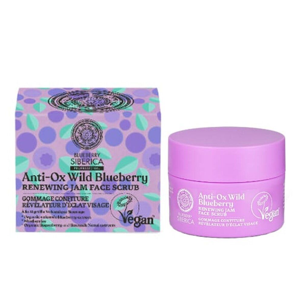 Lila Tiegel und Schachtel mit Produktnamen und Logo. Aufschrift: Anti-Ox Wild Blueberry Renewing Jam Face Scrub. Vegan-Siegel.