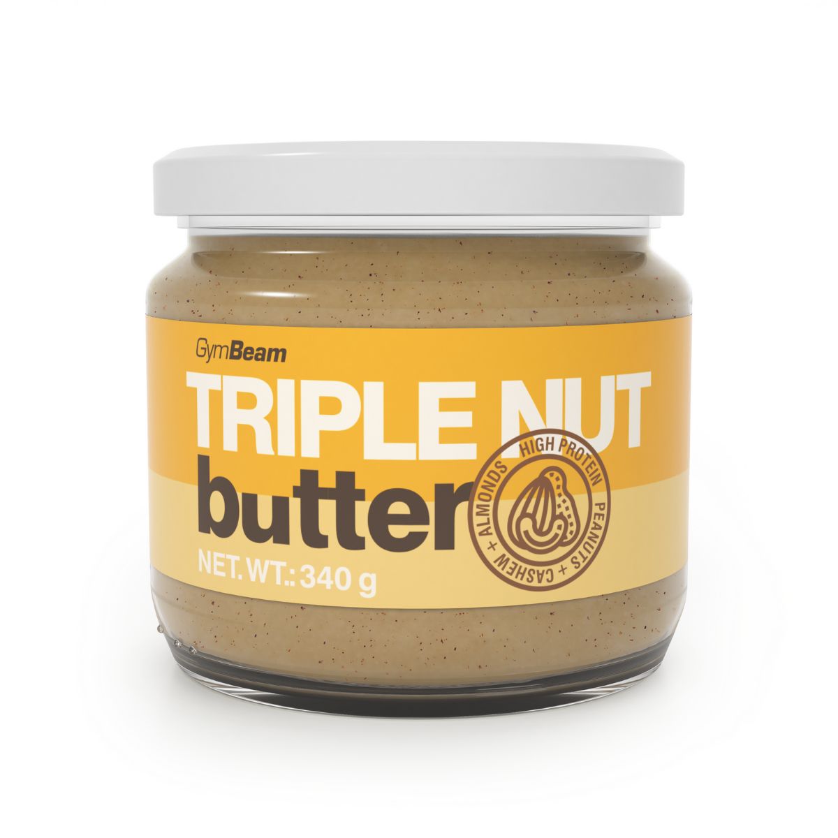 Glas mit GymBeam Triple Nut Butter, 340g.