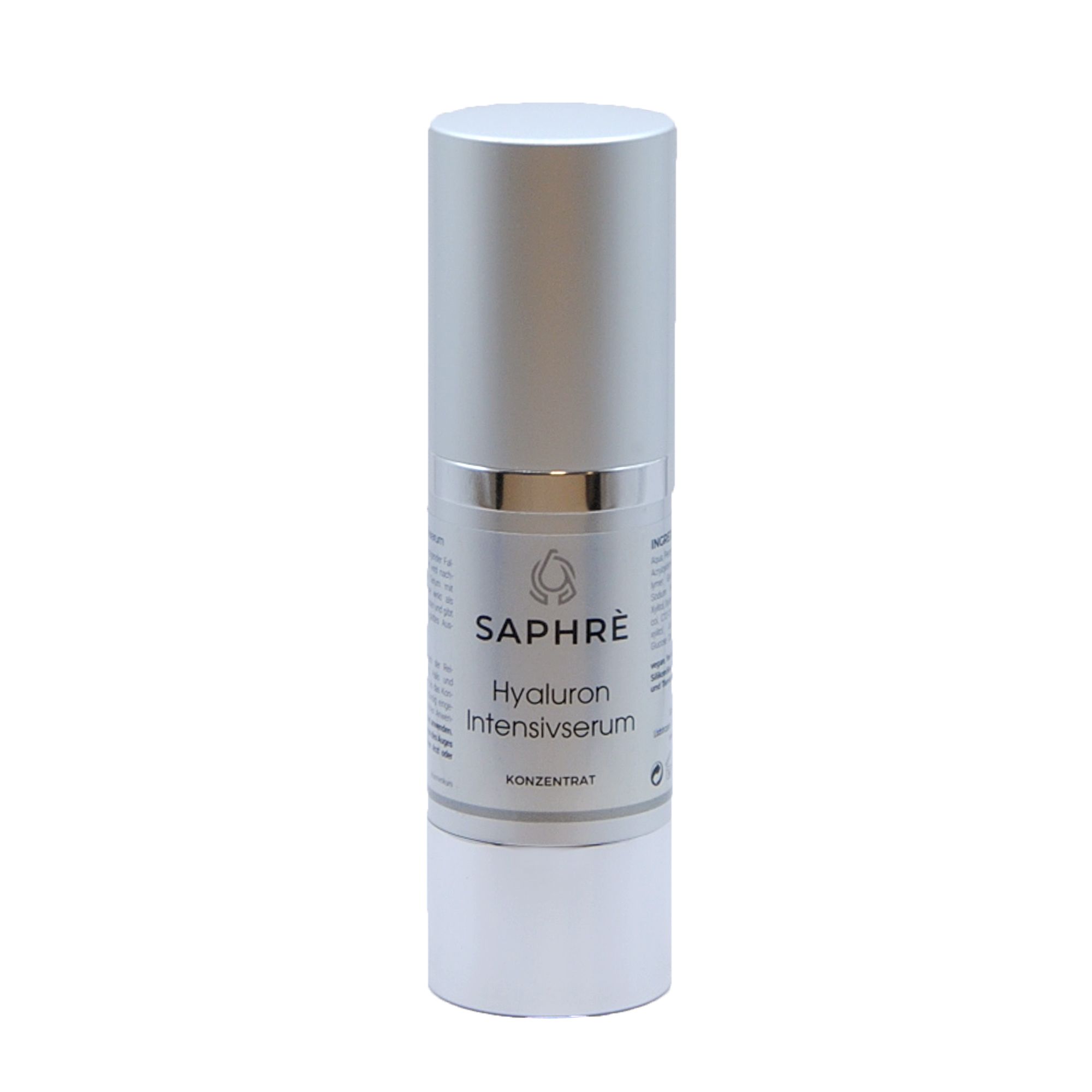 Zylindrische Flasche mit silbernem Deckel. Aufschrift: Saphre Hyaluron Intensivserum. Weißer Boden.