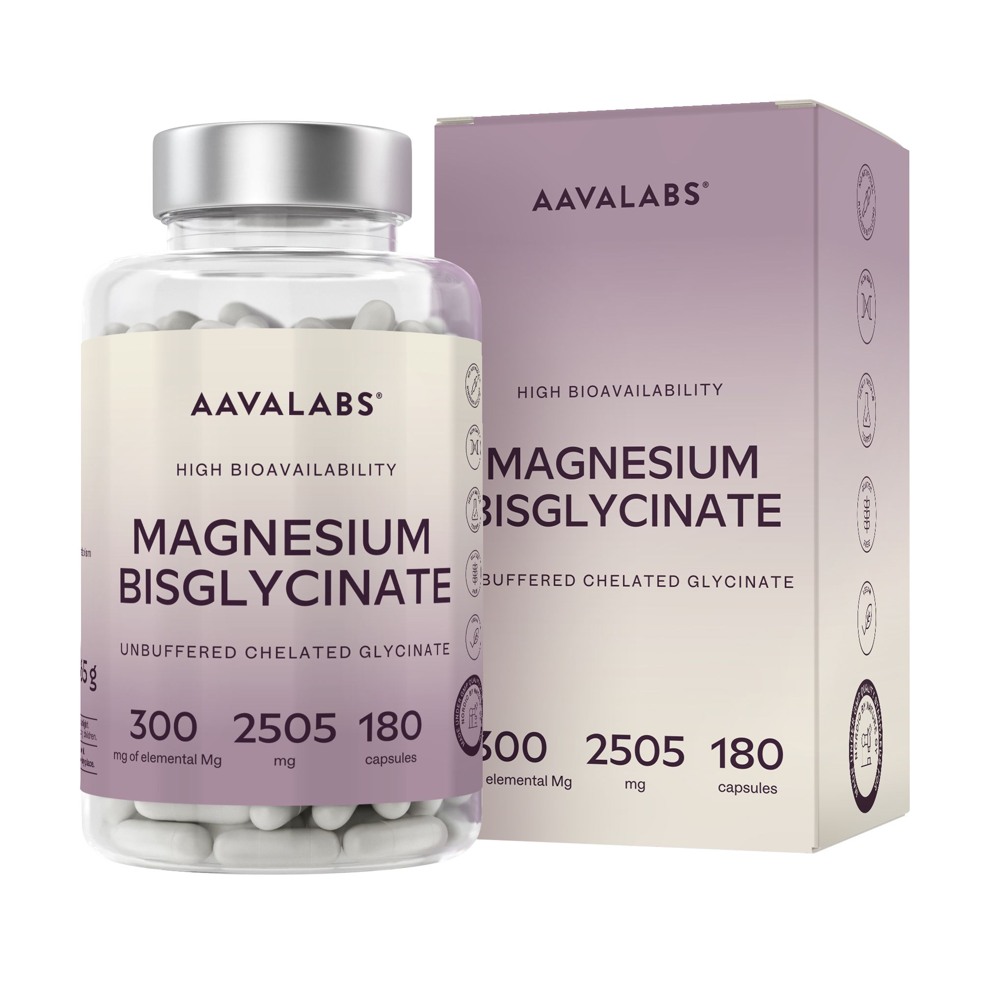 Flasche und Schachtel mit weißen Kapseln. Aufschrift: AAVALABS, Magnesium Bisglycinat. 180 Kapseln.