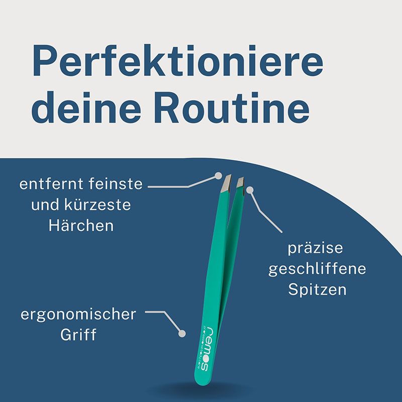 Türkisfarbene REMOS Pinzette mit ergonomischem Griff. Merkmale: präzise Spitzen. Text: Perfektioniere deine Routine.