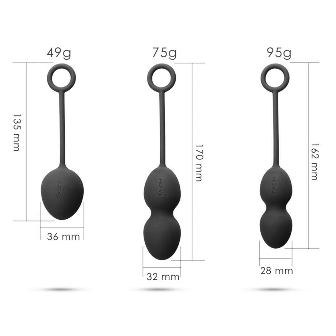 Drei schwarze Kegel-Übungs-Kugeln mit Schlaufe. Größenangaben in mm und g.