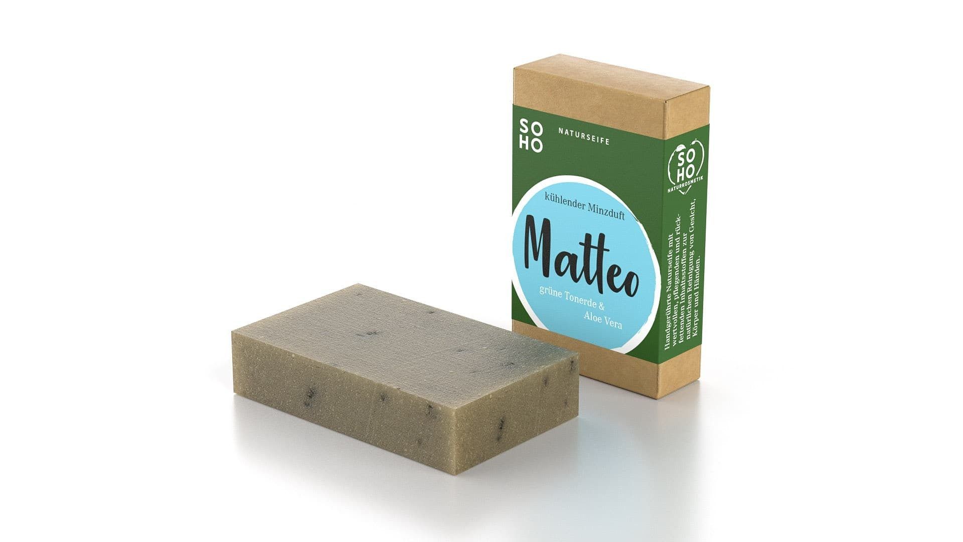 Rechteckige Seife und Verpackung. Aufschrift 'Matteo' und 'SOHO Naturkosmetik'.