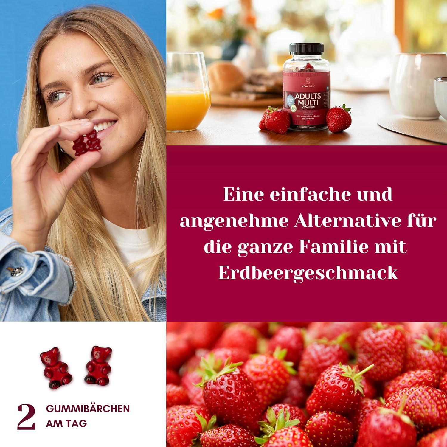 Frau hält Gummibärchen. Flasche VitaYummy Multivitamin Gummibärchen und Erdbeeren. Text: Eine einfache und angenehme Alternative.