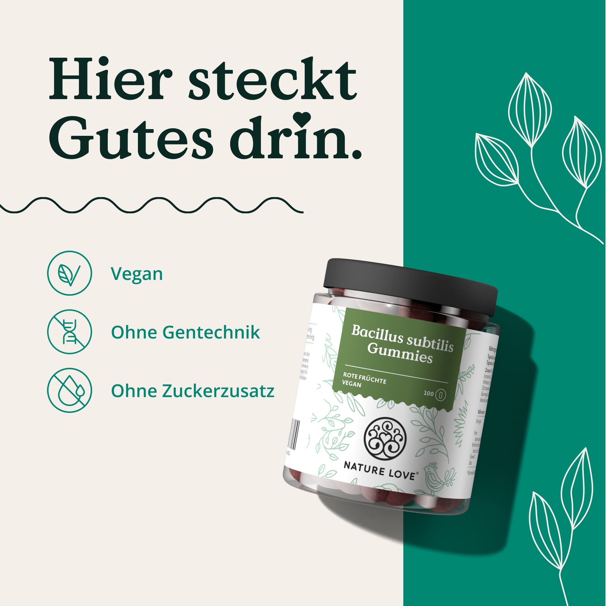 Glas mit Gummies. Text: "Vegan", "Ohne Gentechnik", "Ohne Zuckerzusatz". Etikett mit "Bacillus subtilis Gummies". Logo NATURE LOVE®.