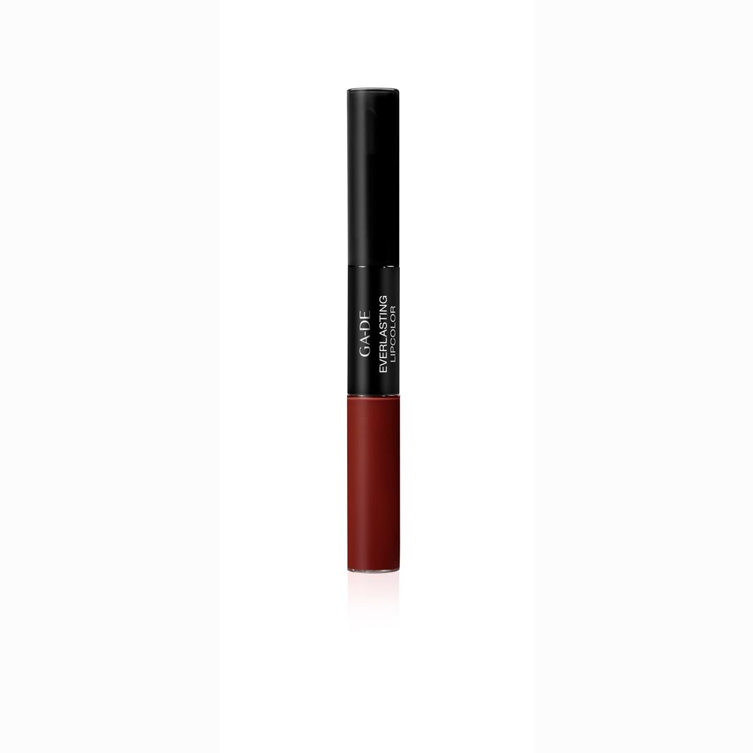 Lippenstift mit schwarzem Deckel. Aufschrift: GA-DE Everlasting Lipcolor. Farbton: Rotbraun.