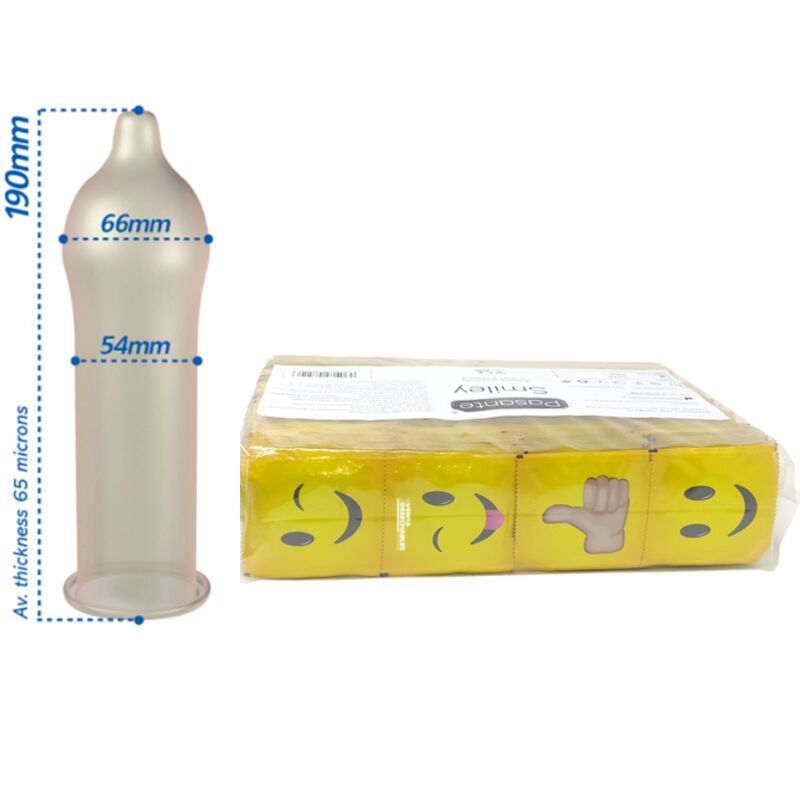 Kondom mit Maßen. Packung mit Smiley-Motiven. Neben der Packung ist ein Kondom mit Maßangaben abgebildet.