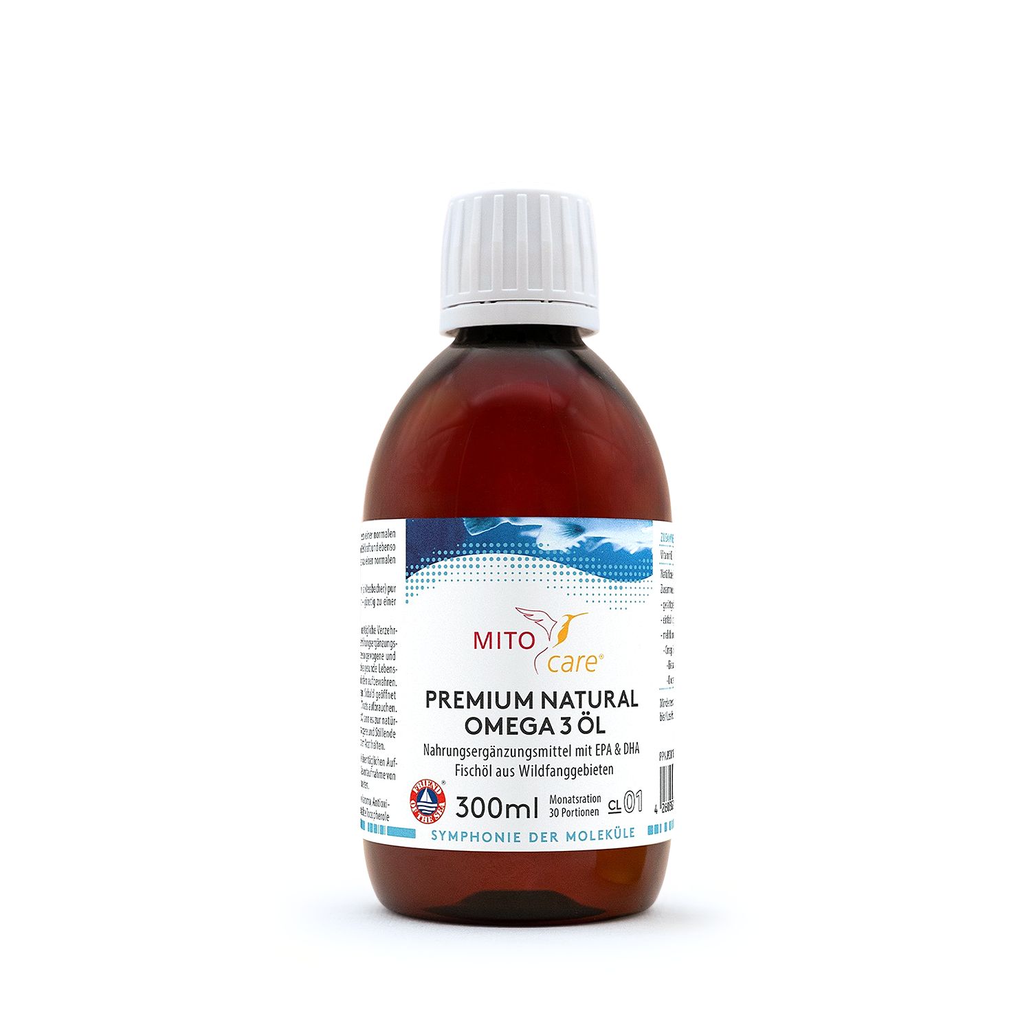 Braune Glasflasche mit weißem Schraubverschluss, gefüllt mit MITOcare® Premium Natural Omega 3 Öl.