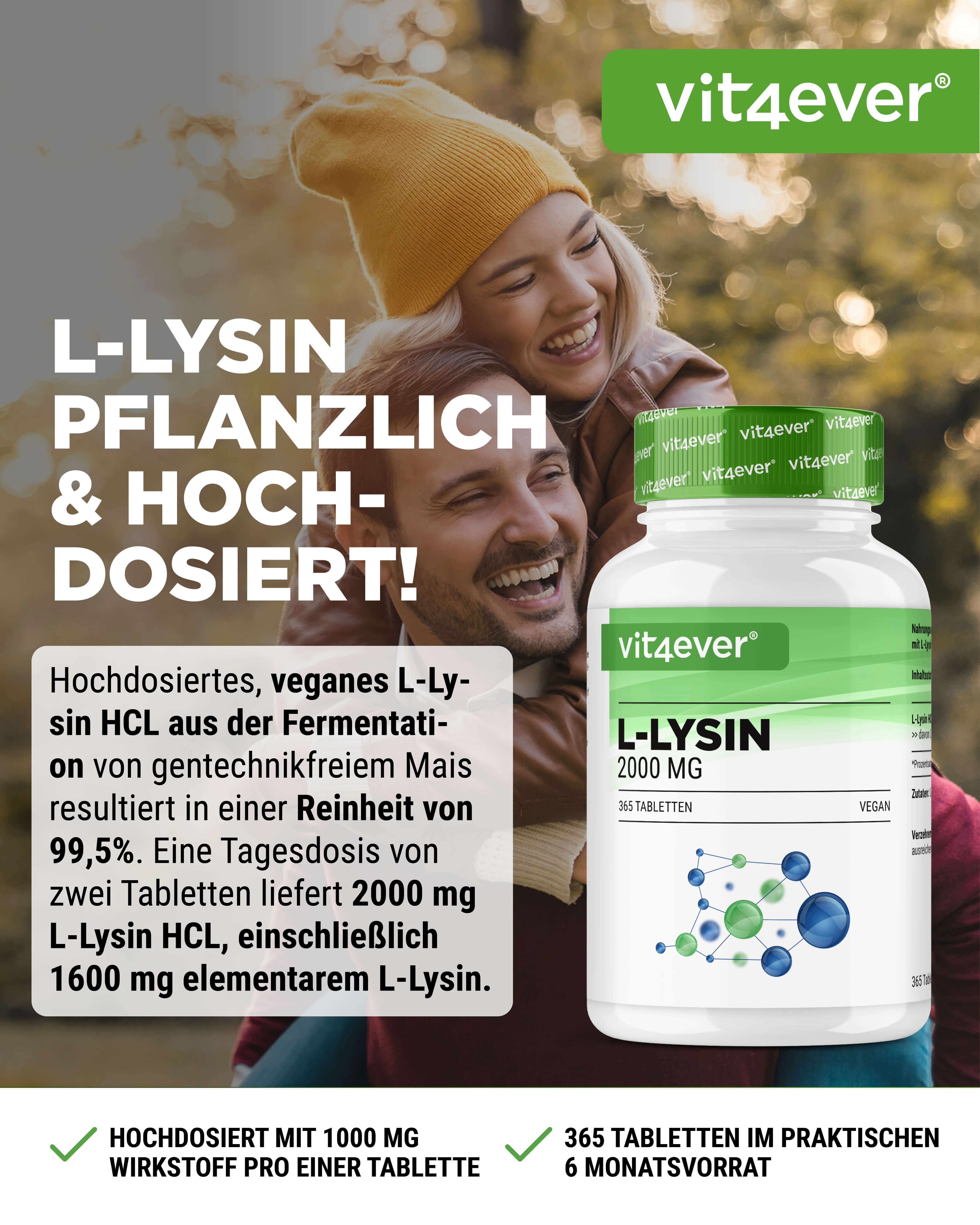 Werbebild. Mann und Frau umarmen sich. Im Vordergrund: Flasche L-Lysin 2000 MG, 365 Tabletten, Vegan. Text: L-Lysin, hochdosiert.