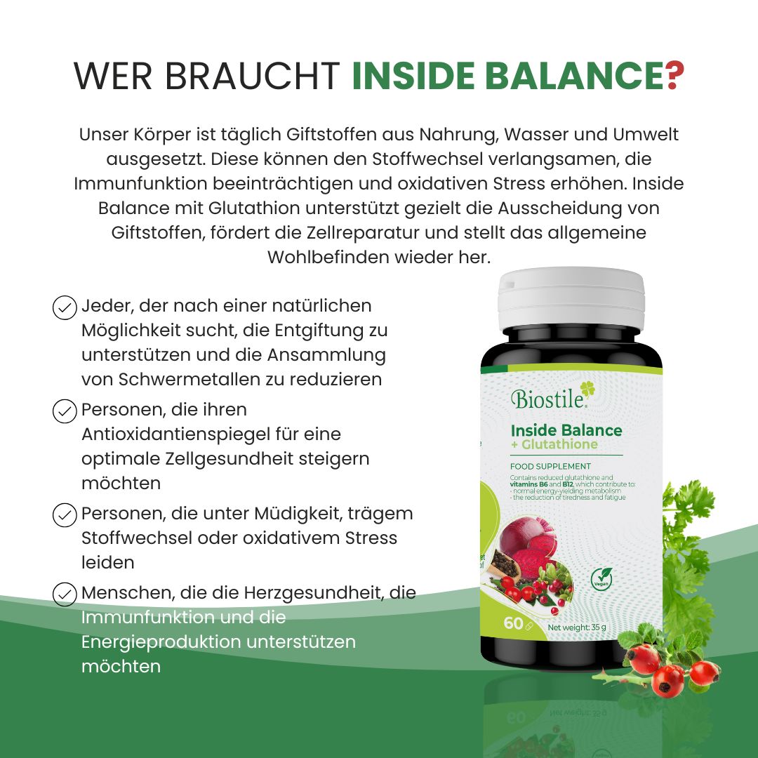 Biostile Inside Balance + Glutathione Nahrungsergänzungsmittel in dunkler Flasche mit weißem Deckel, 60 Kapseln.