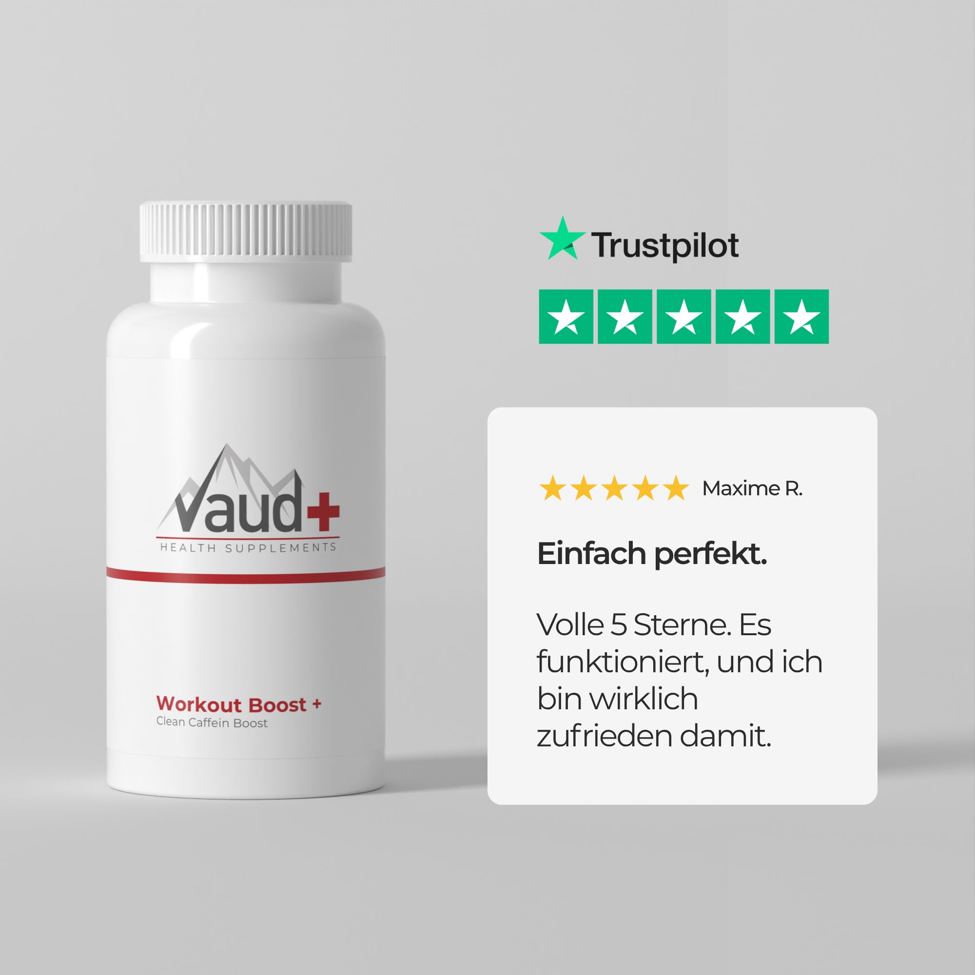 Weiße Flasche mit Vaud+ Logo und 'Workout Boost +'. Trustpilot-Bewertung mit 5 Sternen.