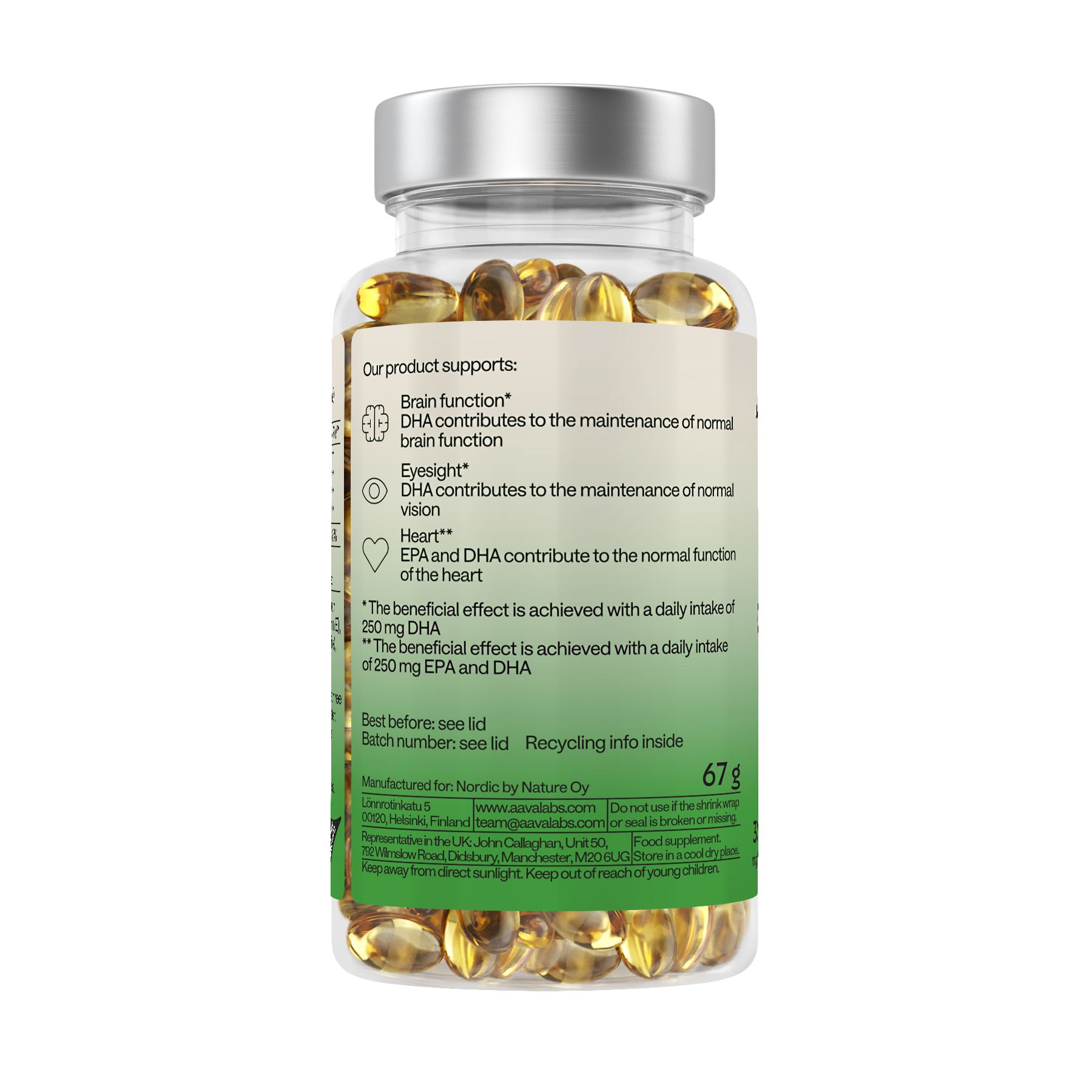 Rückseite der Omega-3-Flasche. Text über die Vorteile des Produkts. Enthält Informationen über DHA und EPA.