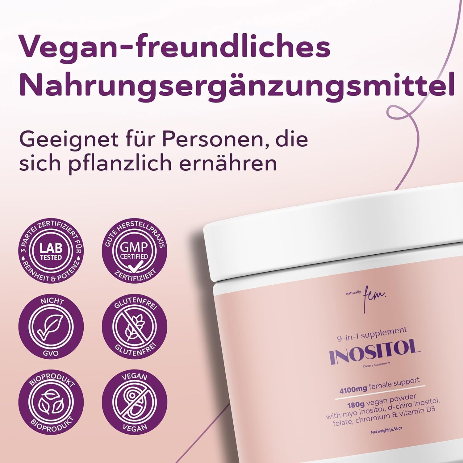 QSTA D-Chiro & Myo Inositol Pulver: Siegel für GMP-zertifizierte Herstellung, glutenfrei, vegan und Bio.