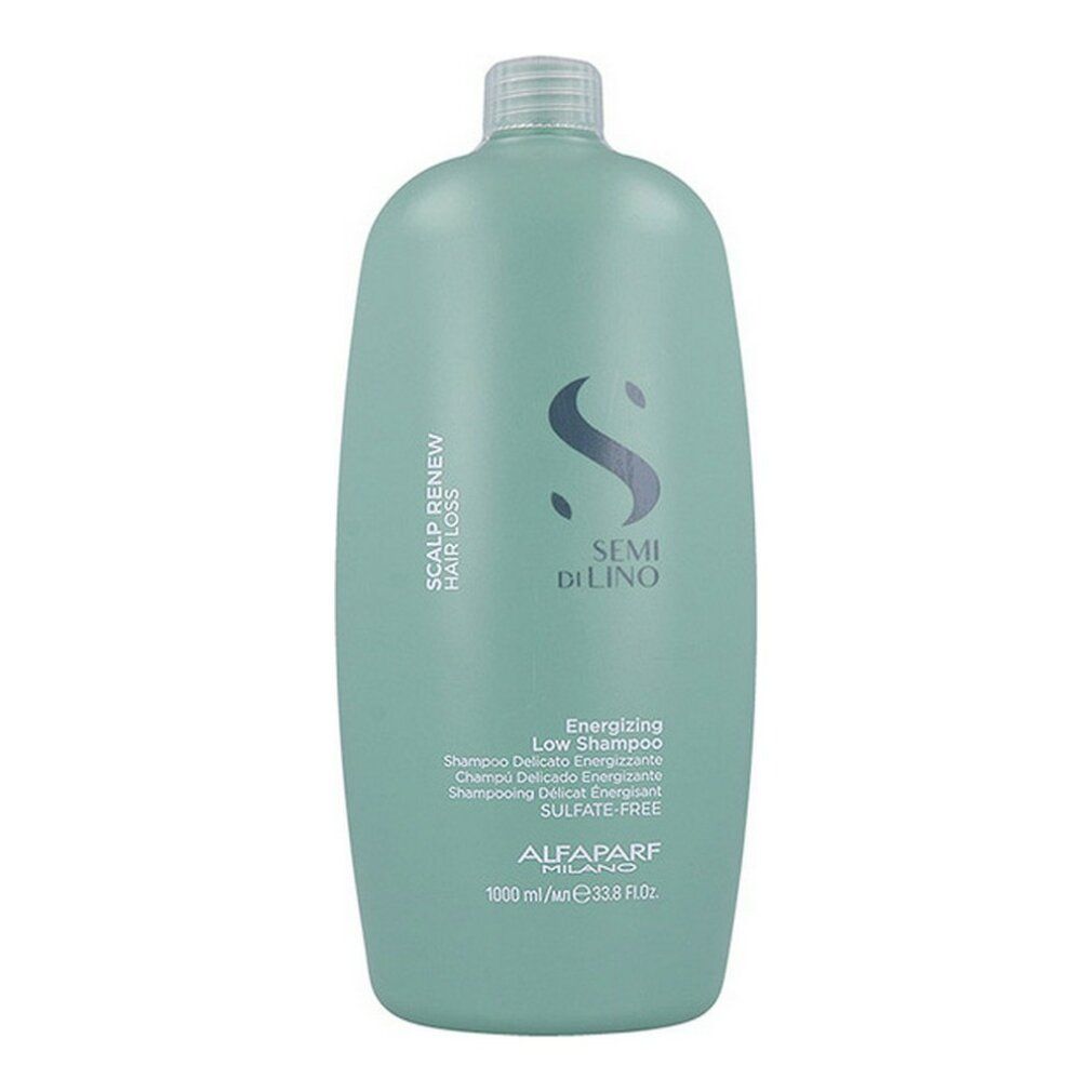 Große grüne Flasche mit silbernem Deckel. Aufschrift: Scalp Renew Hair Loss, Semi Di Lino, Energizing Low Shampoo, Alfaparf Milano.