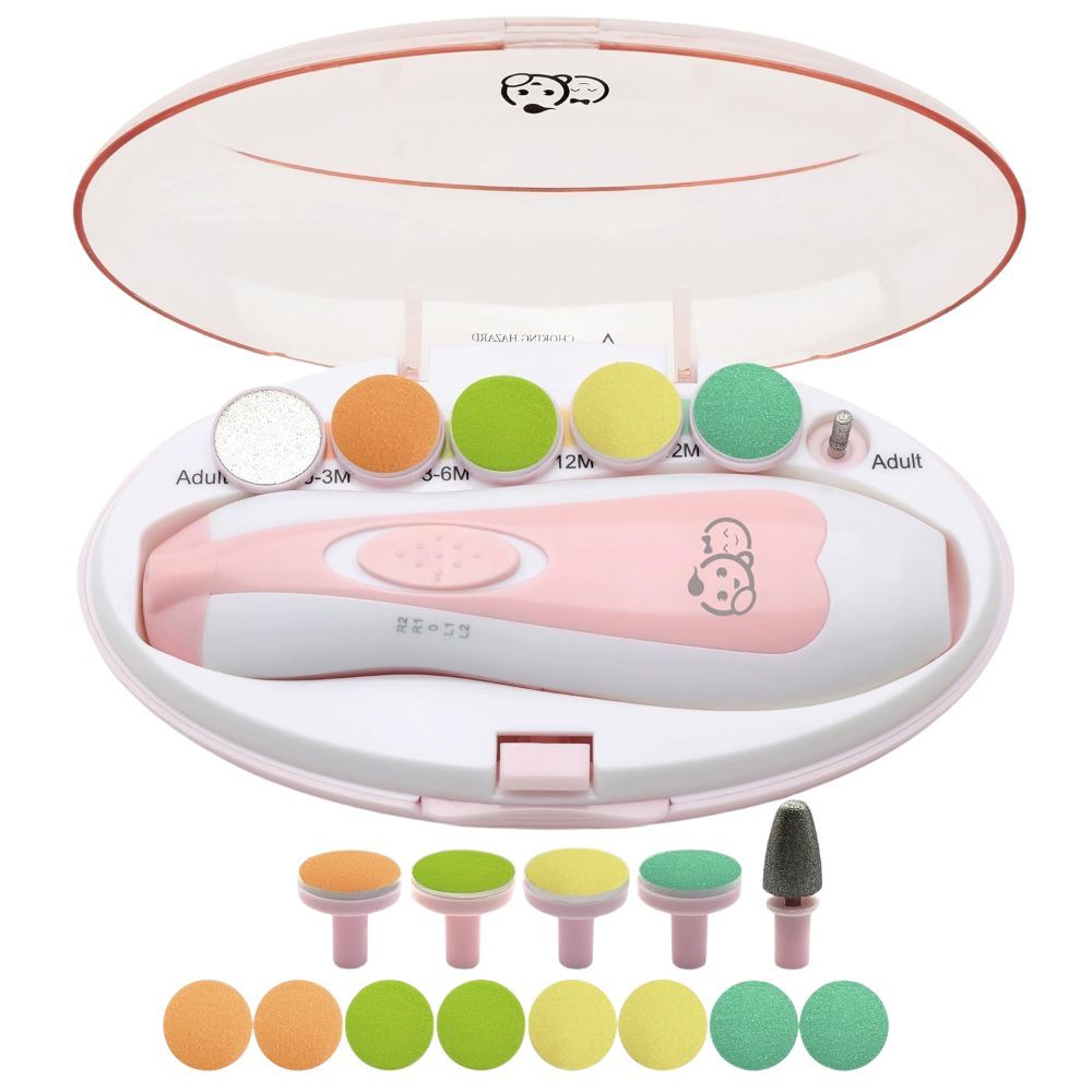 Rosa Baby-Nagelfeile-Set. Enthält eine elektrische Feile, Aufsätze für verschiedene Altersgruppen und eine Aufbewahrungsbox.