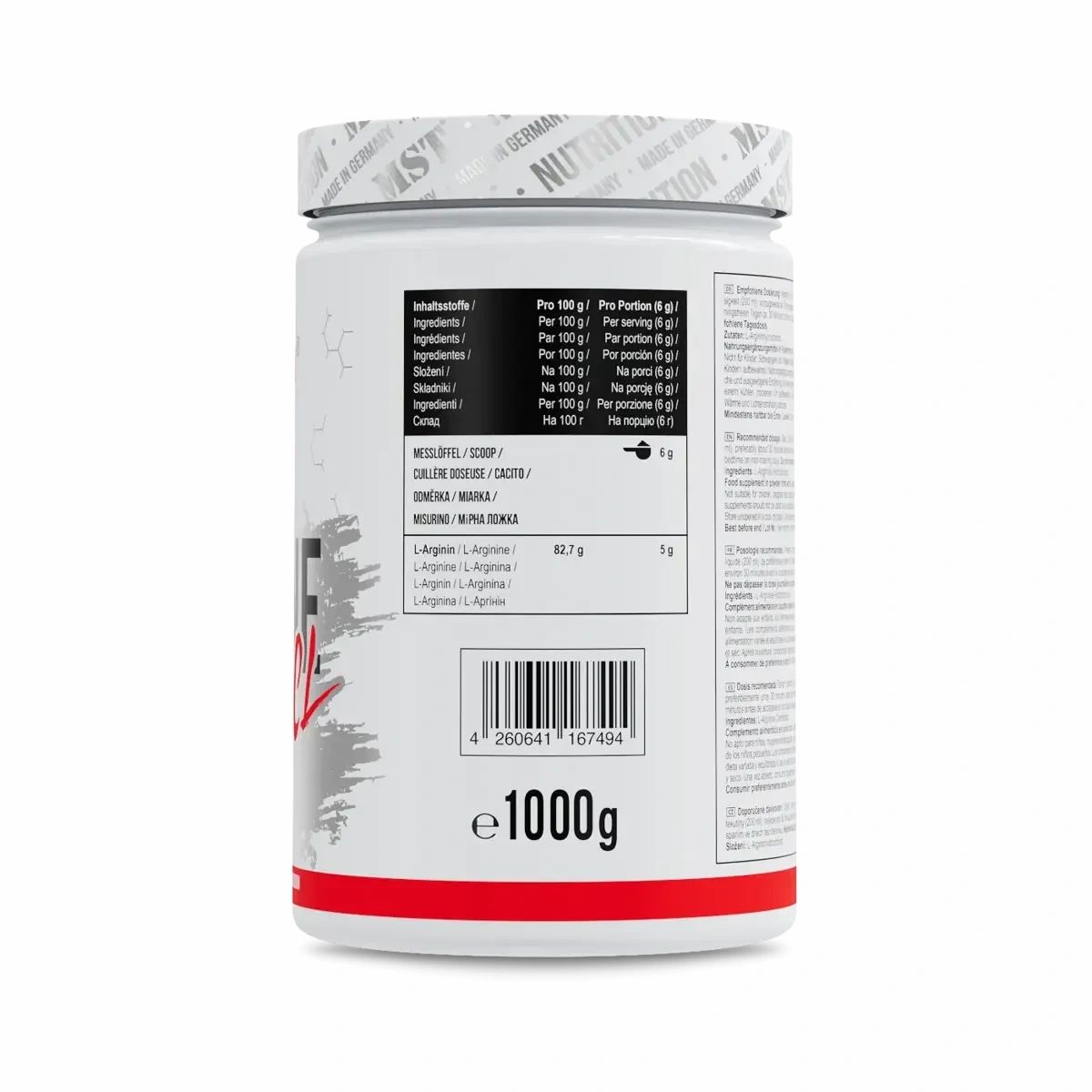 Rückseite einer weißen Dose. Etikett mit Nährwertangaben und Inhaltsstoffen. Aufschrift: MST, 1000g.