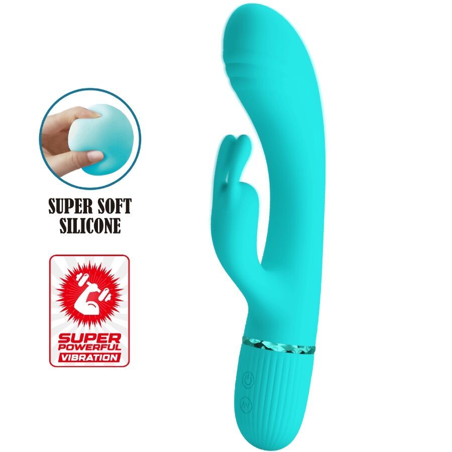 Türkiser Rabbit-Vibrator aus Silikon mit zwei Stimulatoren und Rillen am Griff.