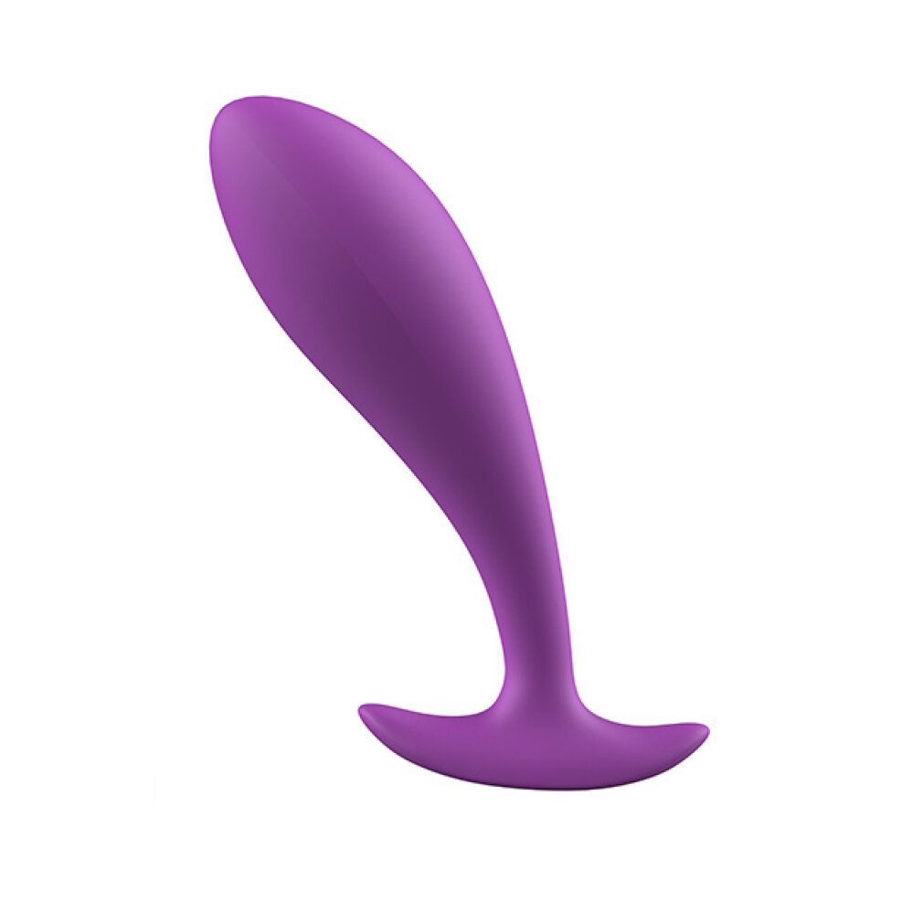 Lila Analplug mit gebogener Form und breiter Basis.