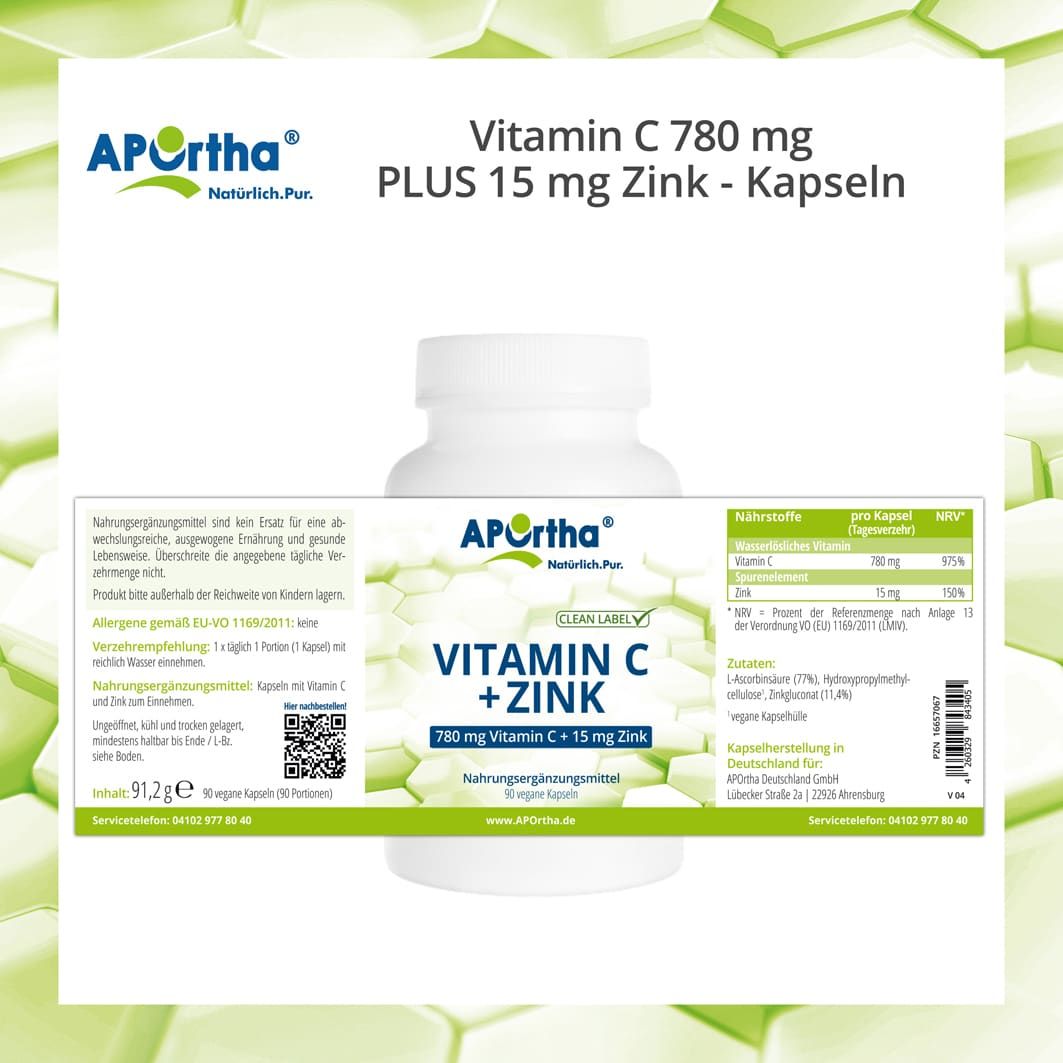 Weiße Flasche mit Etikett. Enthält Informationen zu Vitamin C und Zink, Nährwertangaben und Inhaltsstoffen. Mit Clean Label.