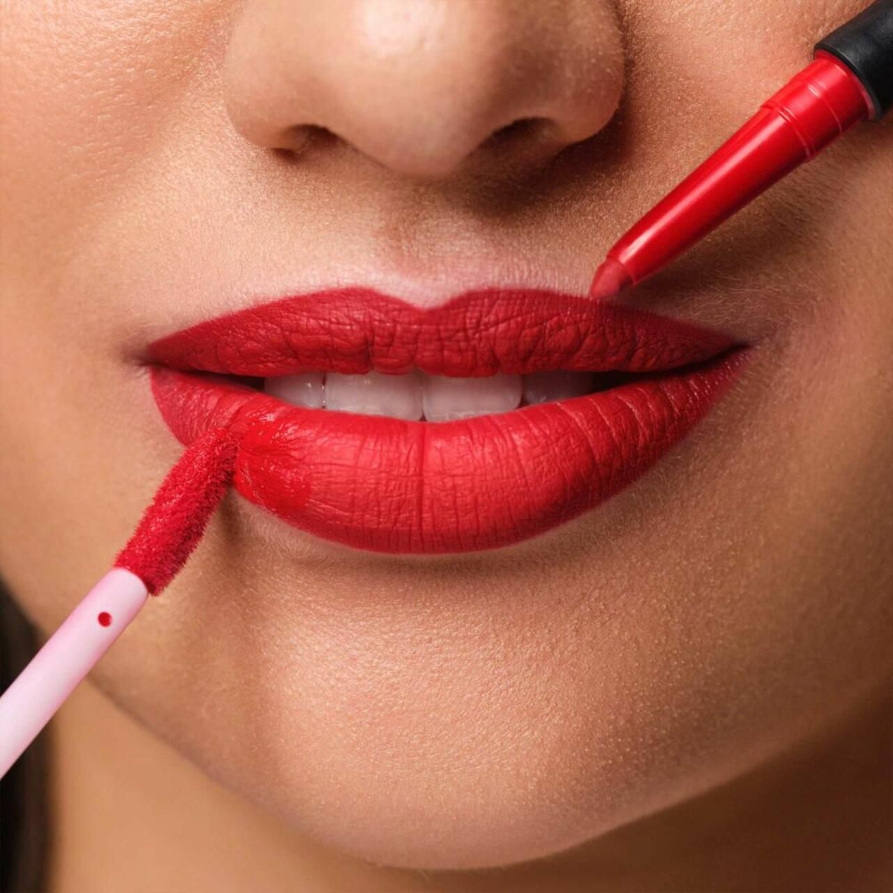 Person mit roten Lippen. Lippenstift und Lipliner werden aufgetragen.