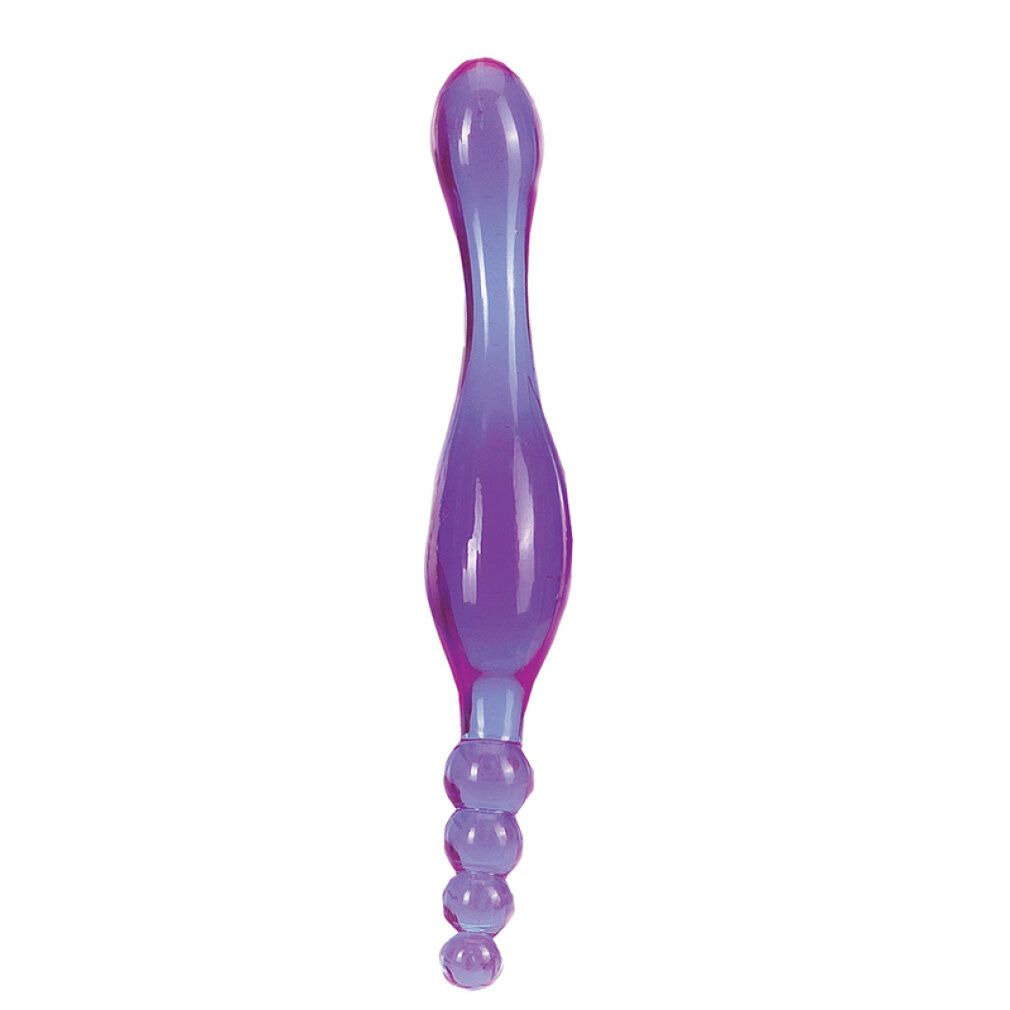Lila Jelly Smoothy Prober. Transparente Form mit glatter Oberfläche und Perlen am Ende.