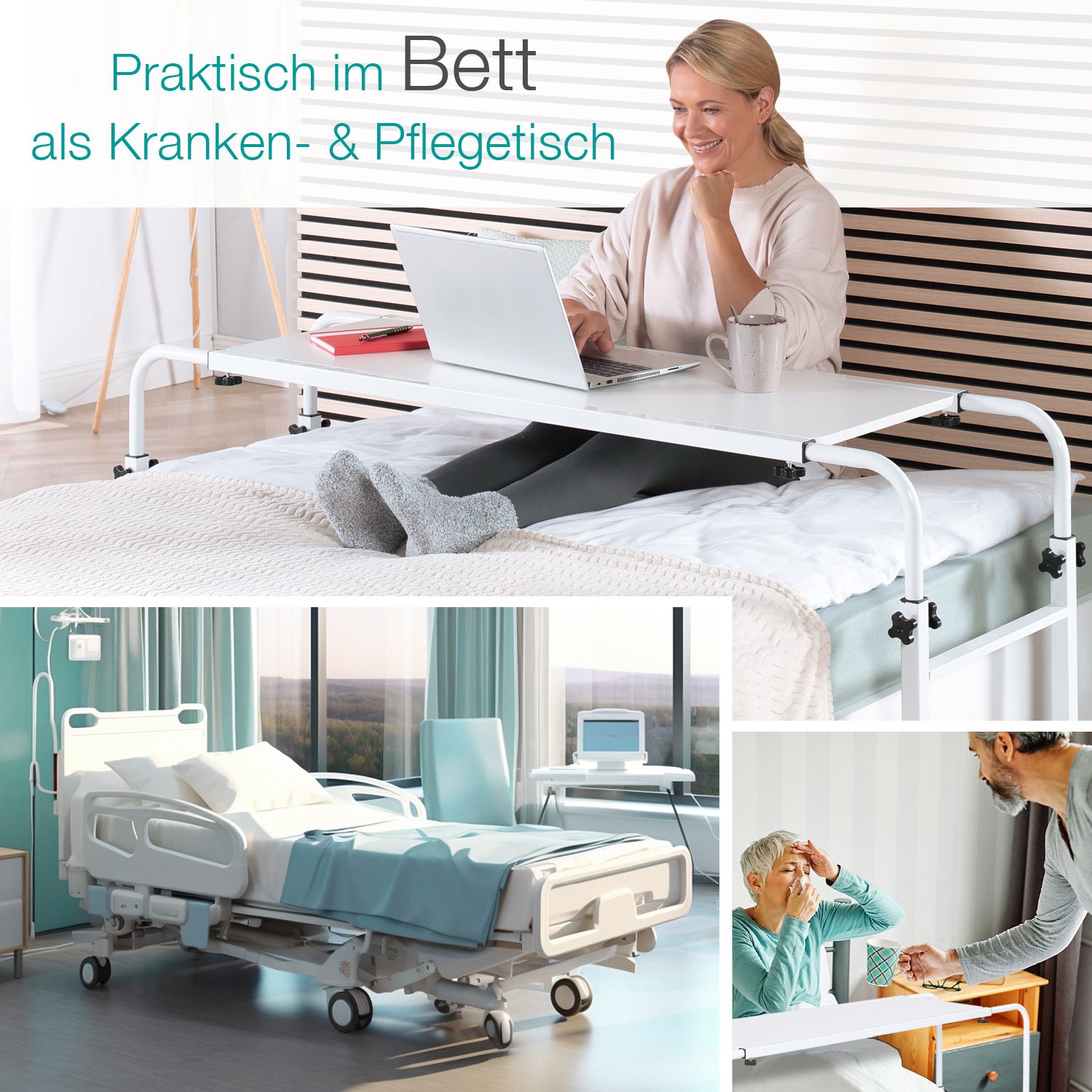 Weißer, höhenverstellbarer Wangentisch auf Rollen. Frau arbeitet am Laptop im Bett. Text: Praktisch im Bett als Kranken- & Pflegetisch.