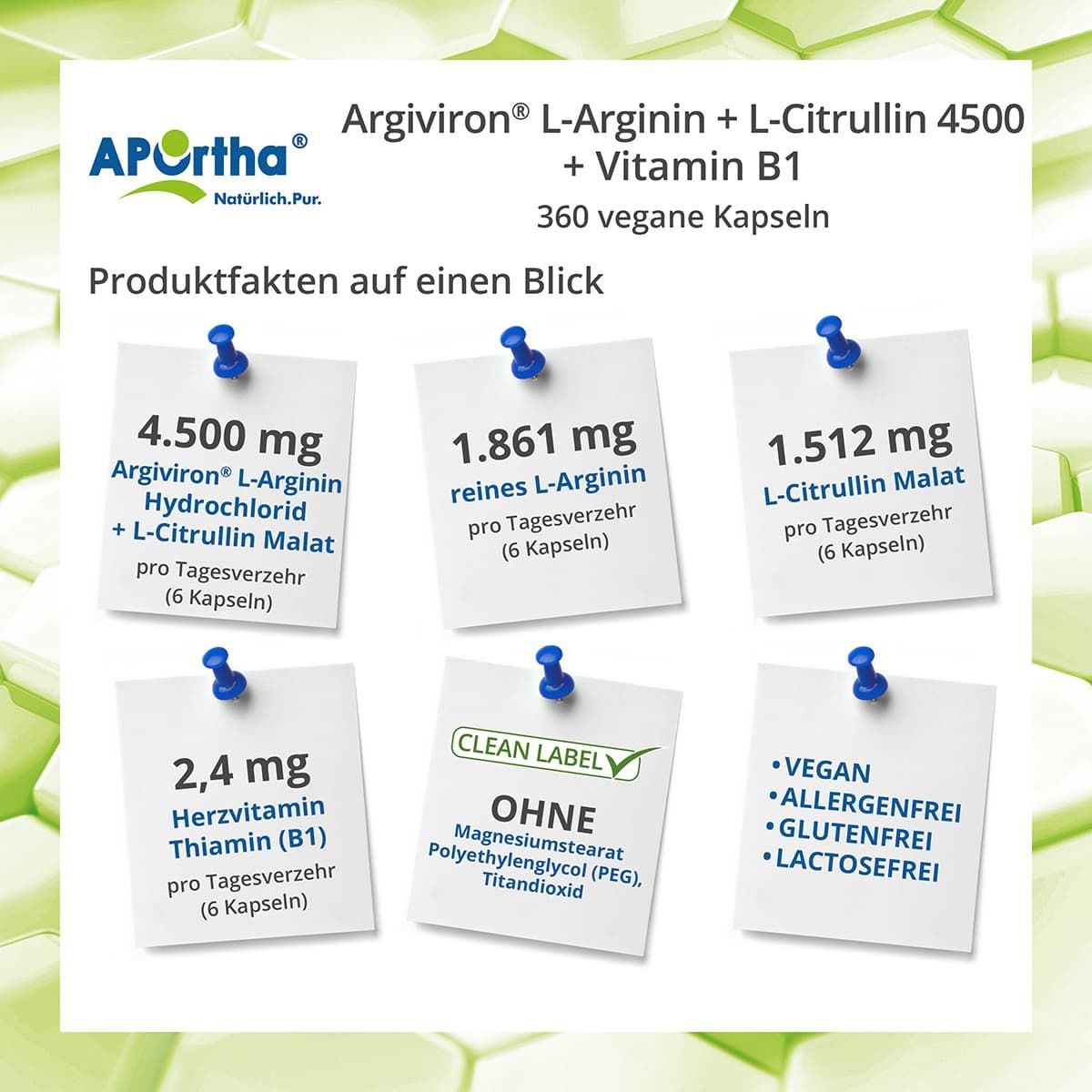 Infografik mit Informationen zu Argiviron® L-Arginin + L-Citrullin 4500. Sechs Karten mit Inhaltsstoffangaben, befestigt mit blauen Reißzwecken.