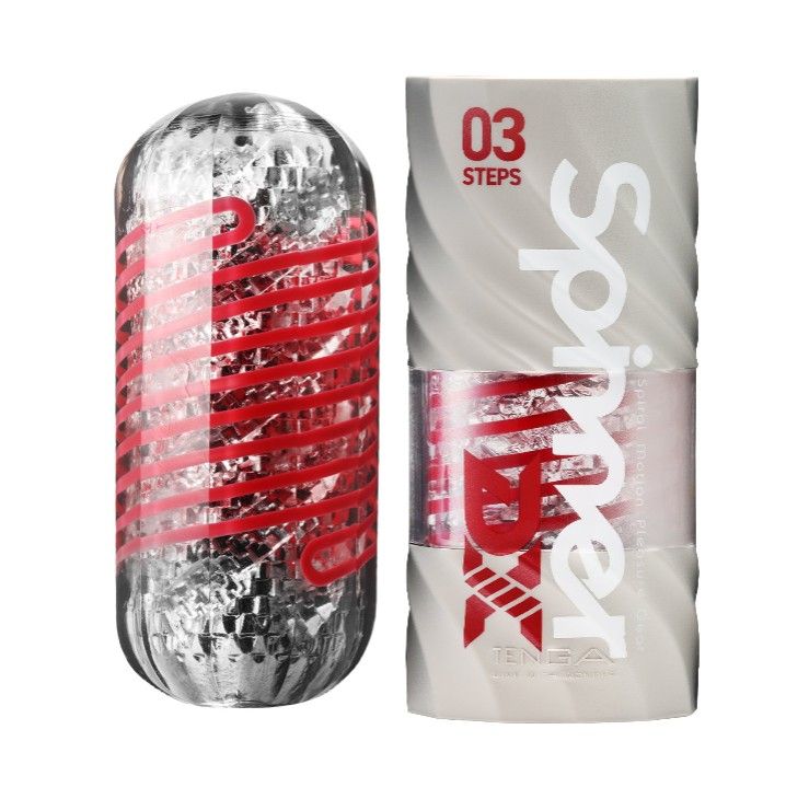 TENGA Spinner Deluxe Masturbator in silberner Hülle mit roten Spiralen und Verpackung.