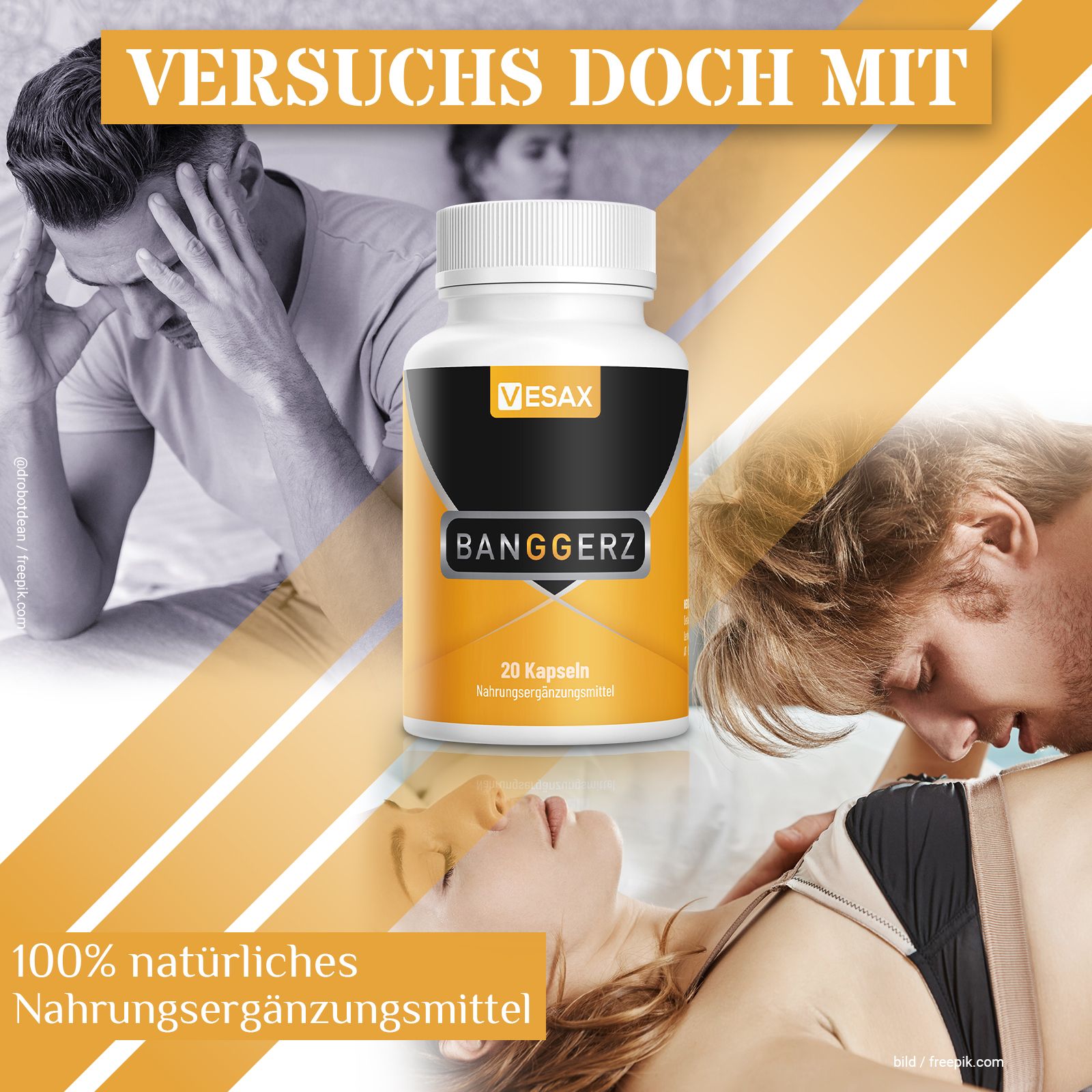 Flasche mit Kapseln. Aufschrift: VESAX, BANGGERZ, 20 Kapseln. Hintergrund: Paare in intimen Situationen, Text: 100% natürliches Nahrungsergänzungsmittel.