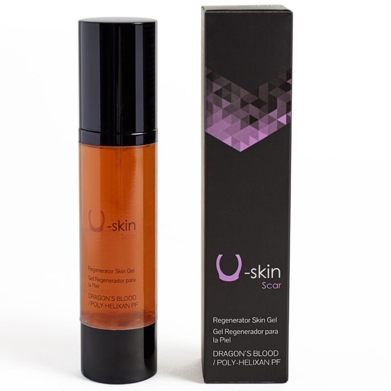 Zylinderförmige Flasche und Schachtel. Auf der Flasche steht "U-skin". Auf der Schachtel steht "U-skin Scar". Text: Regenerator Skin Gel, Dragon's Blood.