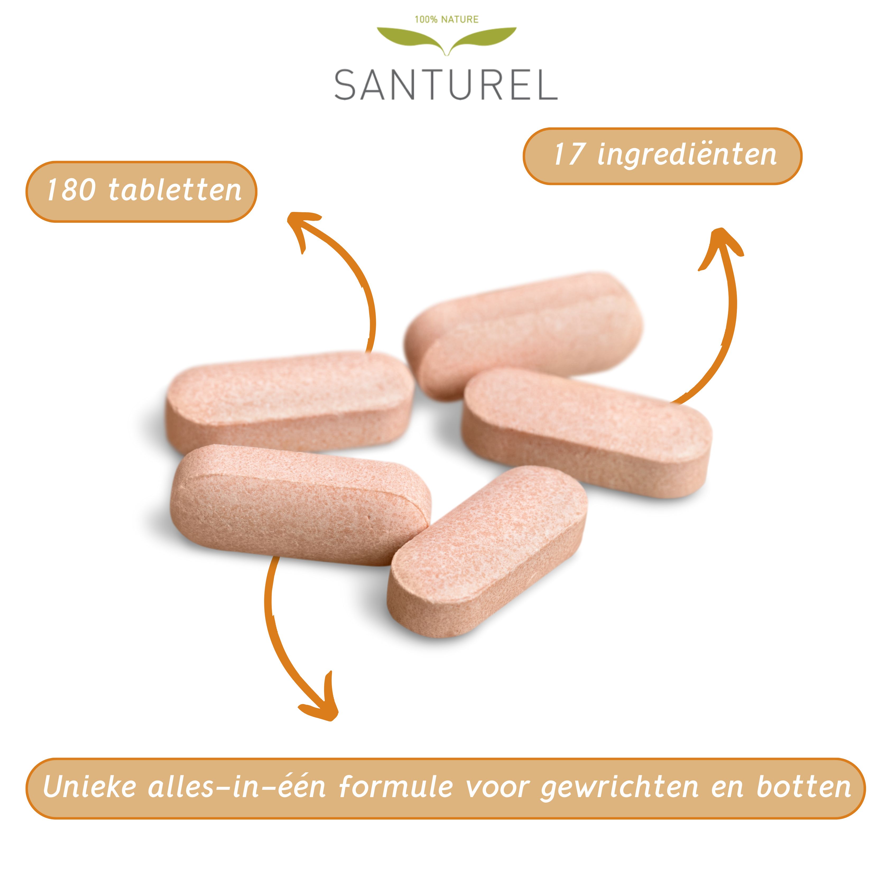 Fünf Tabletten. Aufschrift: 180 Tabletten. Text: Einzigartige All-in-One-Formel für Gelenke und Knochen.