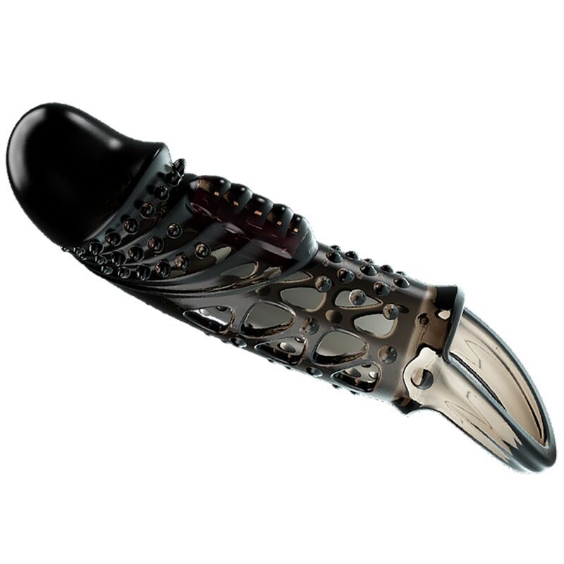 Schwarze Penishülse mit Hodenschlaufe. Strukturierte Oberfläche mit Noppen und Aussparungen. Geformte Spitze.