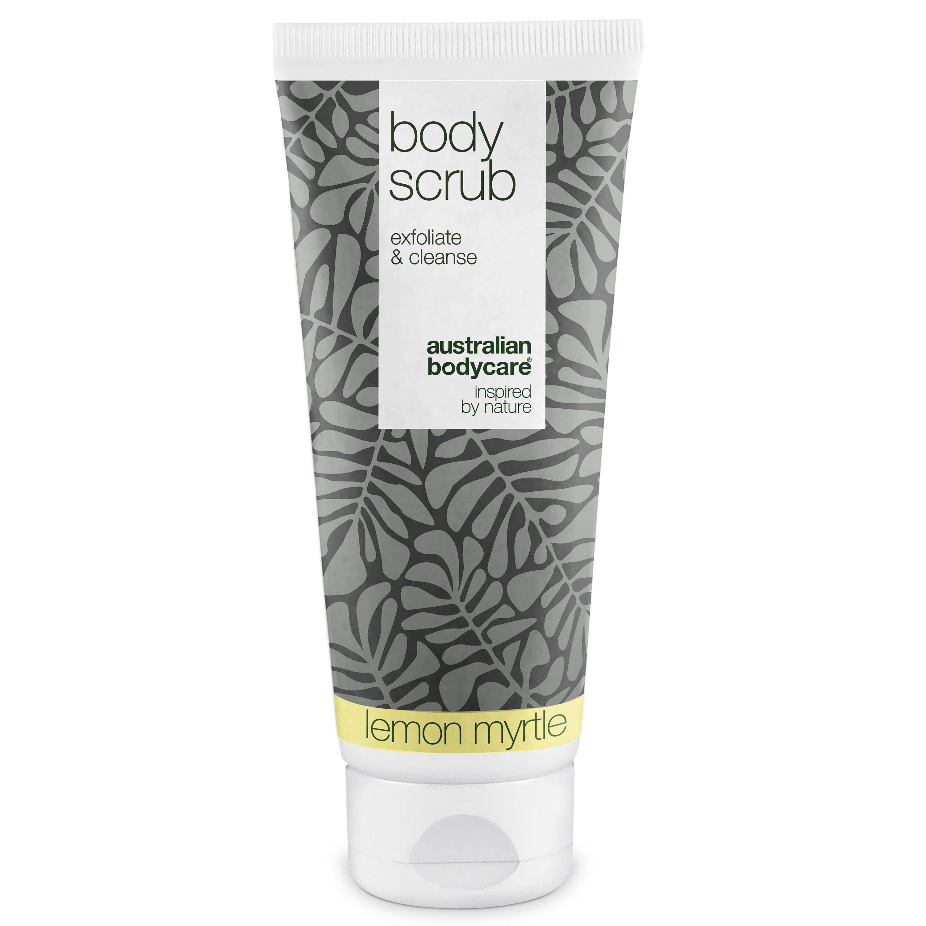 Körperpeeling-Tube mit floralem Muster. Aufschrift: Body Scrub, Australian Bodycare, Lemon Myrtle.