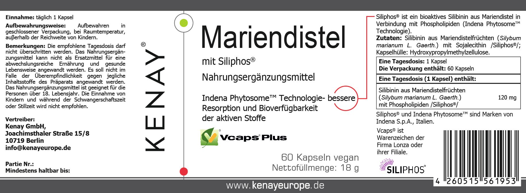 Etikett mit Produktinformationen. Aufschrift Mariendistel mit Siliphos®, KENAY-Logo, Vcaps Plus-Siegel. 60 Kapseln, vegan.