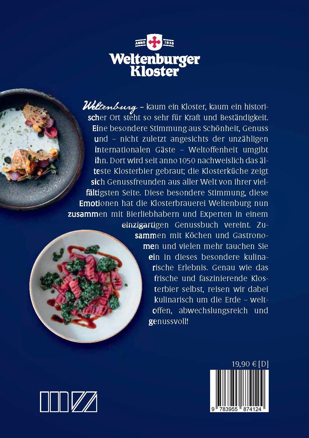 Rückseite des Buches "Weltenburger Genussbuch". Text und Teller mit Speisen. Logo "Weltenburger Kloster". Preis 19,90 €.