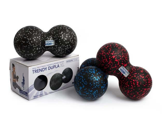 Faszienduobälle, schwarz, rot und blau. Verpackung mit Trendy Dupla XL. Ideal für Fitness, Therapie & Rehabilitation.